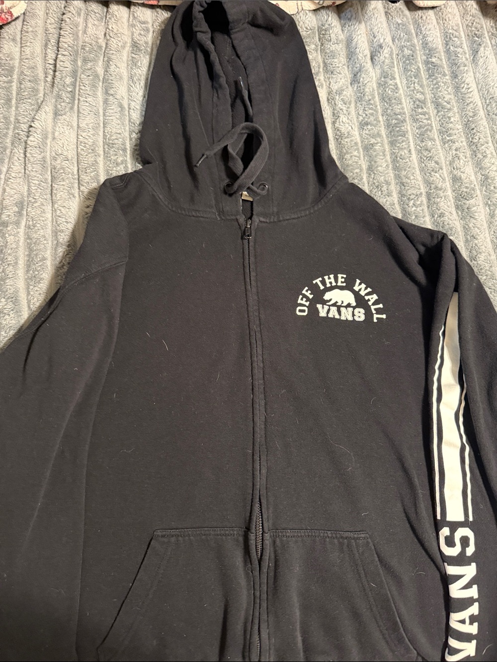 Vans Black Zip-Up Hoodie with White Logo and Sleeve Stripe